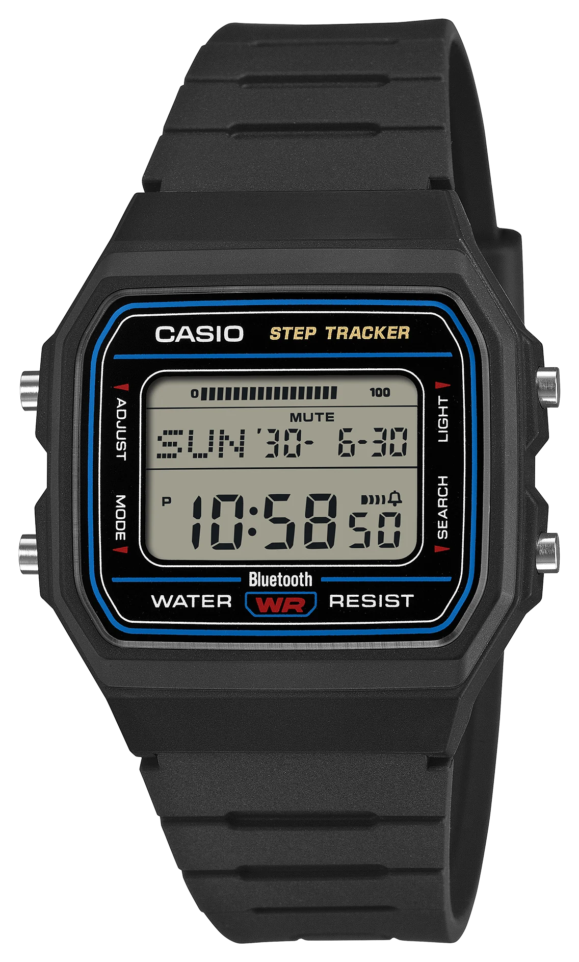 The Casio F-B100W-1A: a black resin digital watch with a rectangular positive LCD reading ten fifty-eight, the words CASIO and STEP TRACKER printed on the bezel and Bluetooth printed beneath the display.